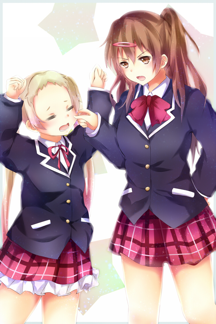 2girls, =_=, blazer, blonde_hair, brown_eyes, brown_hair, cheek_pinching, chuunibyou_demo_koi_ga_shitai!