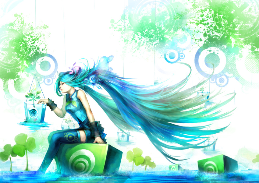 1girl, aqua_eyes, aqua_hair, clover, hatsune_miku, long_hair, plant, realistic, sitting, skirt, smile, solo, thighhighs, twintails, very_long_hair, vocaloid, youshun_(naturaljuice), zettai_ryouiki