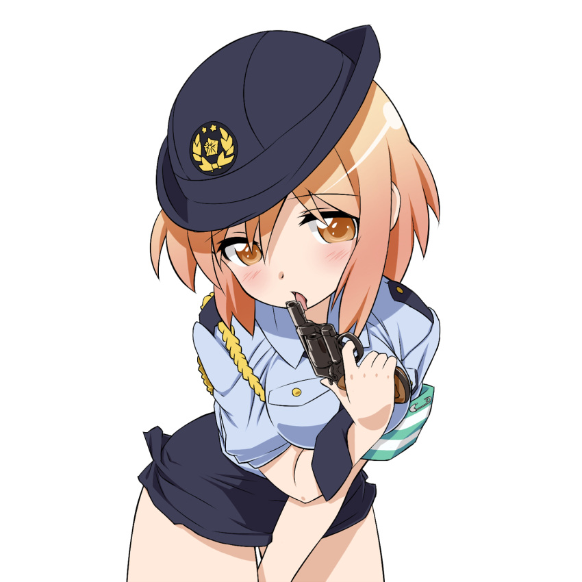 1girl, derivative_work, gun, hat, highres, kotoura-san, kotoura_haruka, licking_weapon
