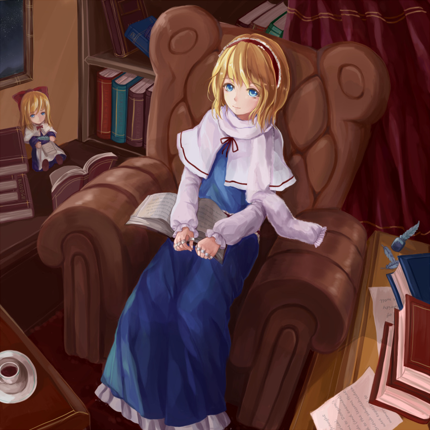 1girl, alice_margatroid, armchair, blonde_hair, blue_eyes, book, bow, capelet