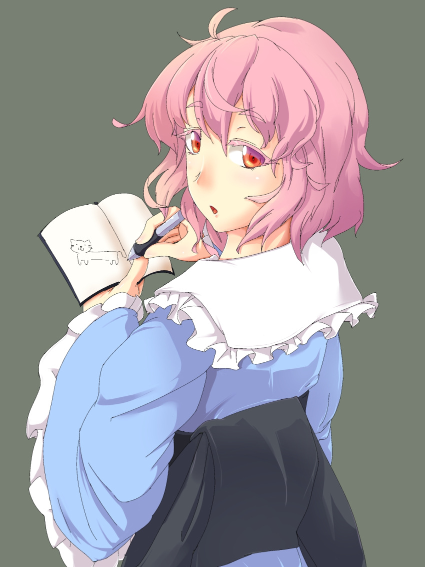 1girl, back, cat, drawing, highres, hina_ietakuya, hinaie_takuya, japanese_clothes, looking_back, no_hat, no_headwear, notebook, obi, open_mouth, pink_hair, red_eyes, saigyouji_yuyuko, short_hair, solo, touhou, wide_sleeves