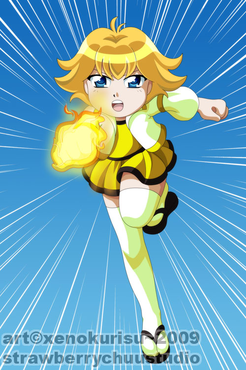 1girl, artist_name, blonde_hair, blue_background, blue_eyes, brite_(ppg), fire, full_body