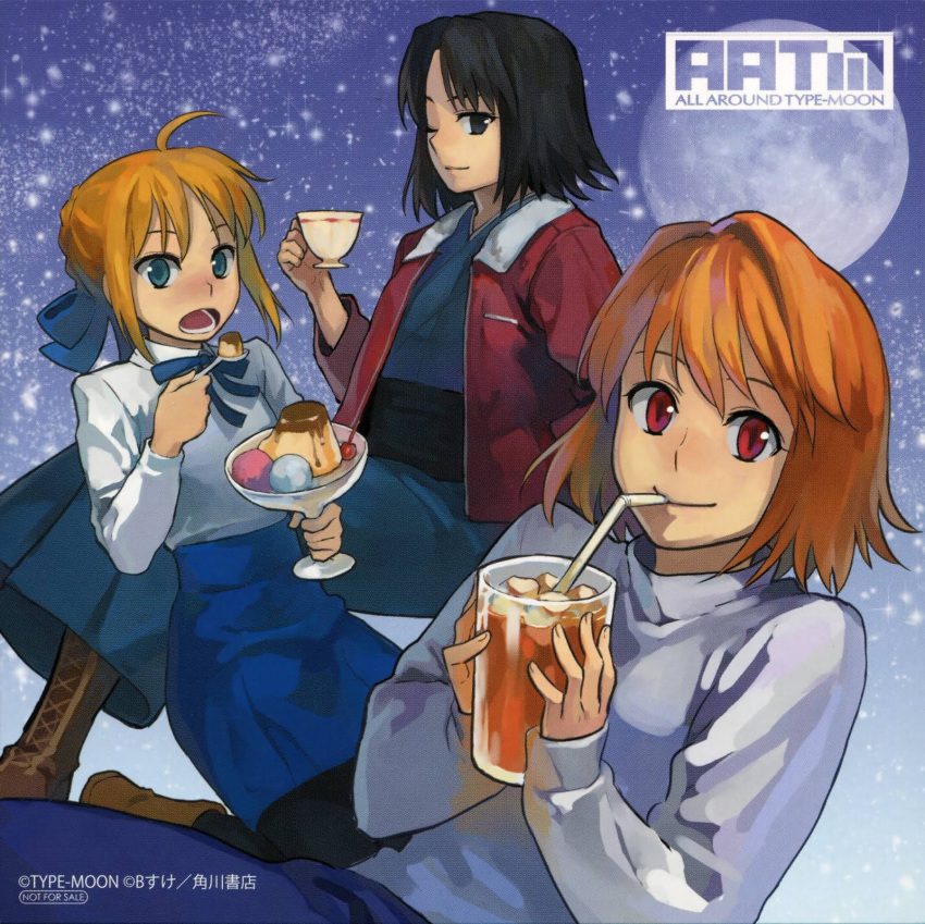 3girls, ahoge, arcueid_brunestud, b-suke, black_hair, black_legwear, blonde_hair, blue_eyes, blush, boots, braid, cross-laced_footwear, cup, drink, eating, fate/stay_night, fate_(series), food, french_braid, full_moon, hair_bun, hair_intakes, highres, ice_cream, jacket, japanese_clothes, kara_no_kyoukai, kimono, lace-up_boots, long_skirt, moon, multiple_girls, official_art, open_clothes, open_jacket, pudding, red_eyes, red_jacket, ryougi_shiki, saber, short_hair, skirt, smile, snowing, spoon, straw, sweater, teacup, tsukihime, type-moon, wink
