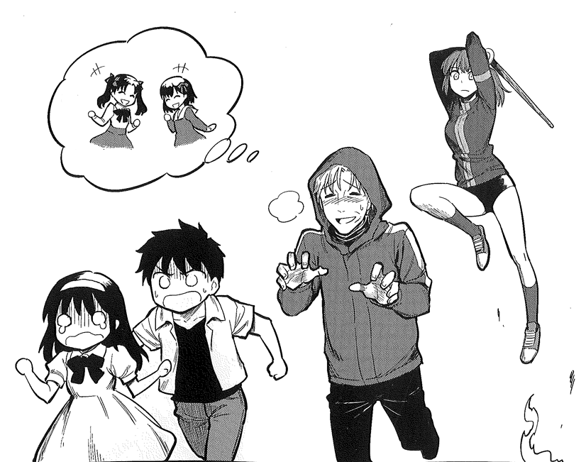 2boys, 2girls, b-suke, blush, buruma, child, creator_connection, crossover, crying, crying_with_eyes_open, empty_eyes, fate/zero, fate_(series), fujimura_taiga, hairband, hoodie, imagining, kneehighs, manga, matou_kariya, matou_sakura, monochrome, multiple_boys, multiple_girls, o_o, ponytail, running_away, shinai, shoes, surprised, sword, tears, teenage, thought_bubble, tohno_akiha, tohsaka_rin, toono_akiha, toono_shiki, toosaka_rin, track_jacket, tsukihime, turn_pale, weapon, you_gonna_get_raped, young