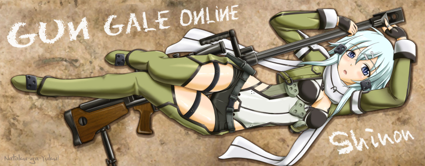 1girl, anti-materiel_rifle, blue_eyes, blue_hair, fingerless_gloves, gloves, gun, lying