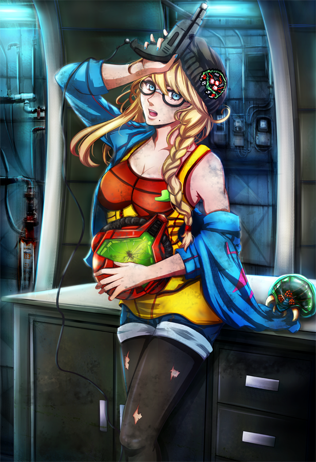 1girl, alternate_costume, alternate_hairstyle, beanie, black_legwear, blonde_hair, blue_eyes, braid, breasts, broken, cleavage, dirty, female, fingernails, glasses, gun, hat, helmet, jacket, large_breasts, long_hair, metroid, metroid_(creature), mole, nail_polish, nintendo, nobody_studios, off_shoulder, pantyhose, pistol, samus_aran, single_braid, solo, thigh-highs, thighhighs, weapon