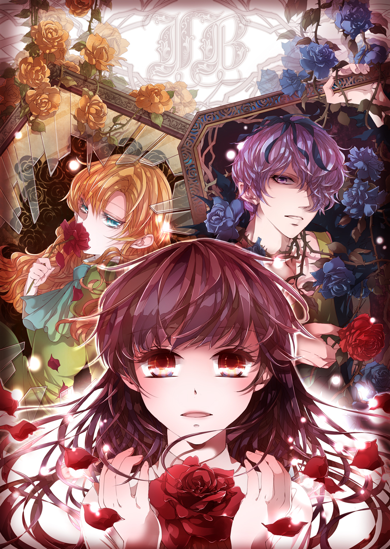 blonde_hair, blue_eyes, blue_rose, flower, garry_(ib), hair_over_one_eye, ib, ib_(ib)