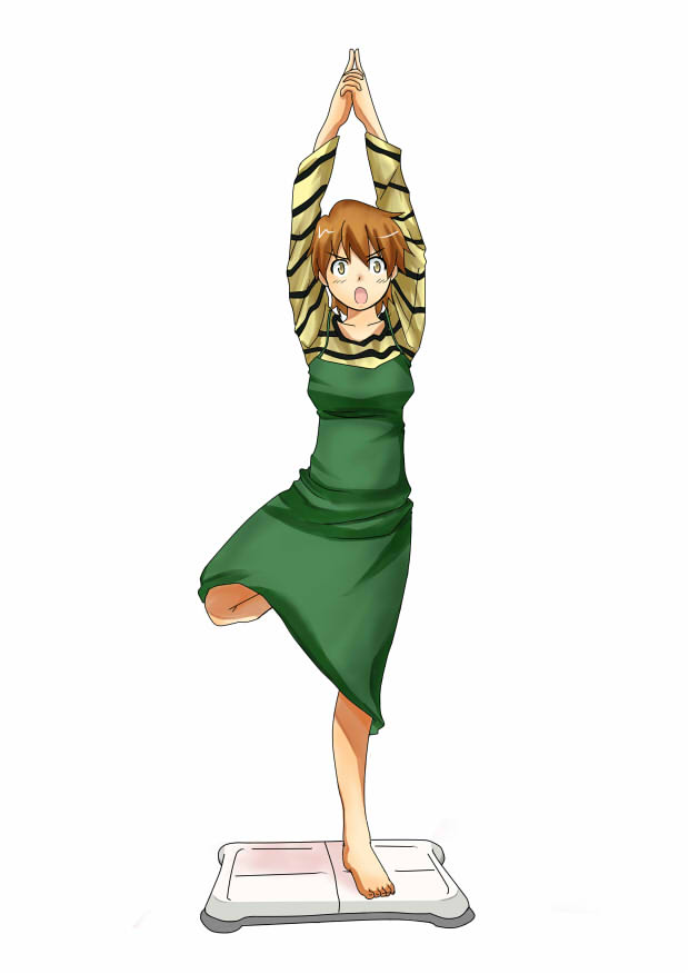 1girl, barefoot, brown_eyes, brown_hair, dress, fate/stay_night, fate_(series), fujimura_taiga, playing_games, rona_(pixiv_107164), short_hair, solo, standing_on_one_leg, striped, sweater, wii_fit