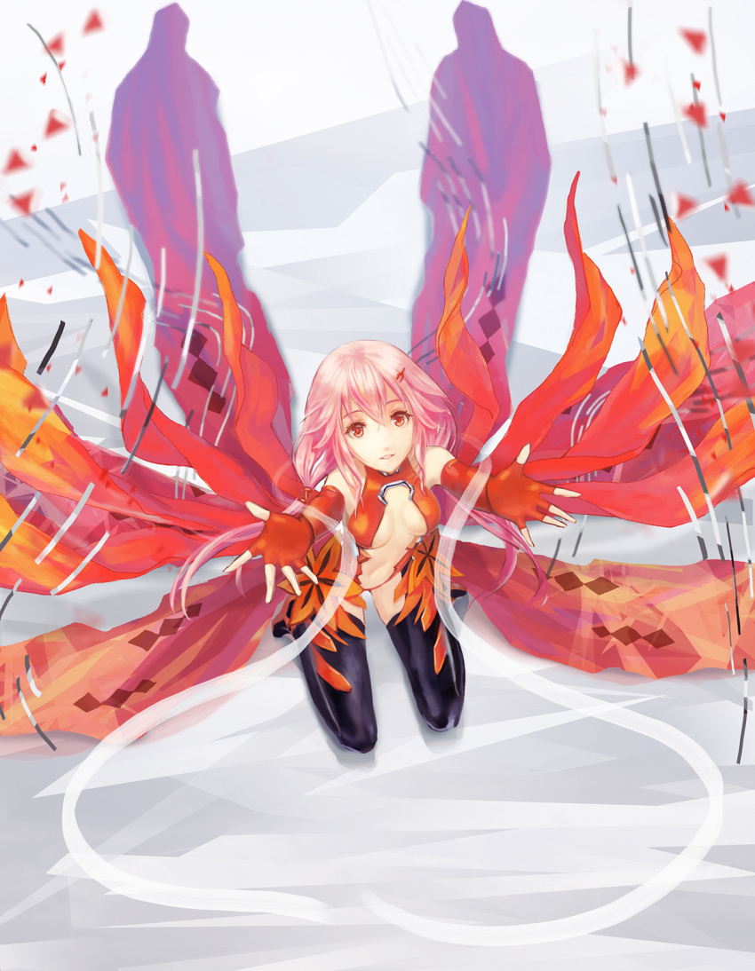 1girl, black_legwear, breasts, center_opening, cleavage, detached_sleeves, fingerless_gloves, gloves