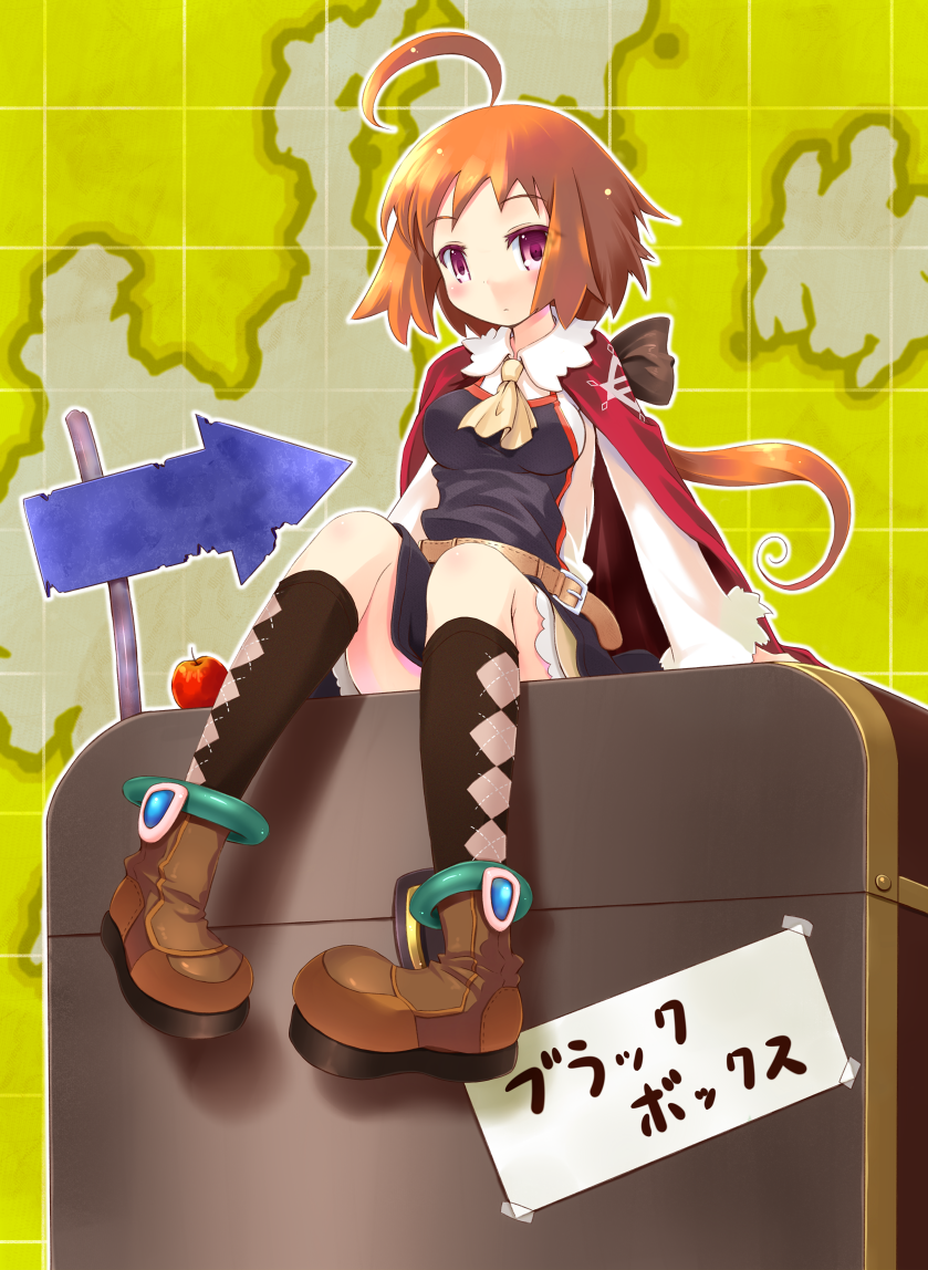 ahoge, apple, argyle, argyle_legwear, bad_id, belt, boots, brown_hair