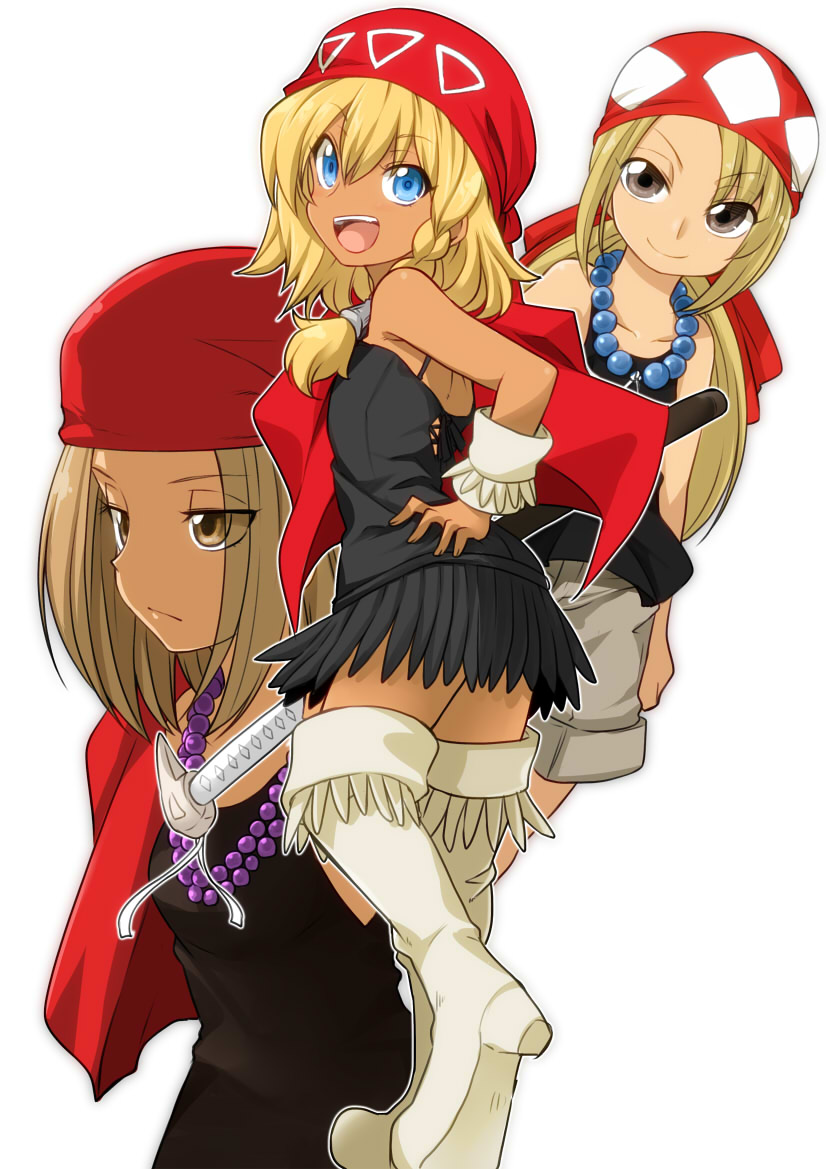 1girl, 3girls, anna_the_itako_3rd, bandana, bandanna, bare_shoulders, blonde_hair, blue_eyes, boots, brown_eyes, dress, kyouyama_anna, long_hair, looking_back, multiple_girls, omuraisu_echizen, rosary, shaman_king, short_hair