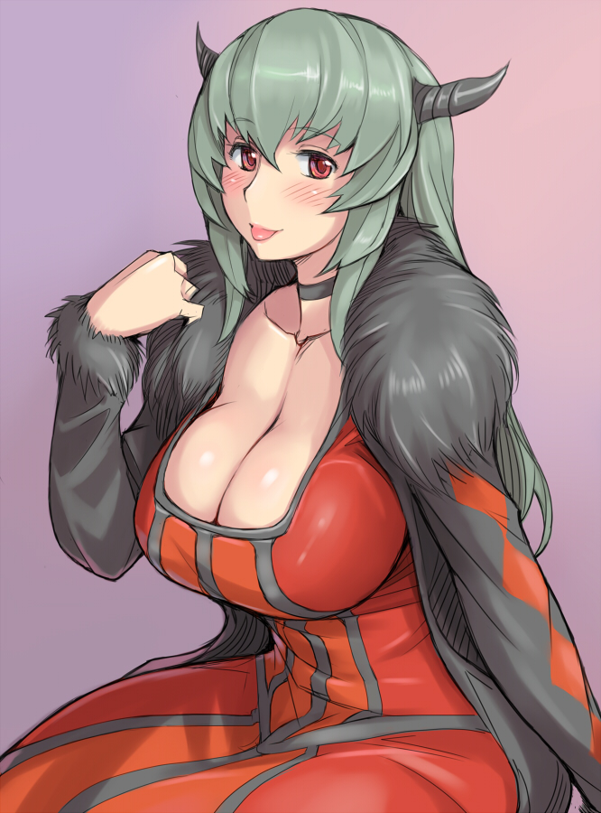 1girl, :p, adult, arm_support, blush, breasts, choker, cleavage