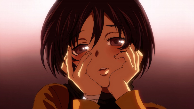 black_eyes, black_hair, blush, hands_on_own_cheeks, hands_on_own_face, mikasa_ackerman, mirai_nikki, parody
