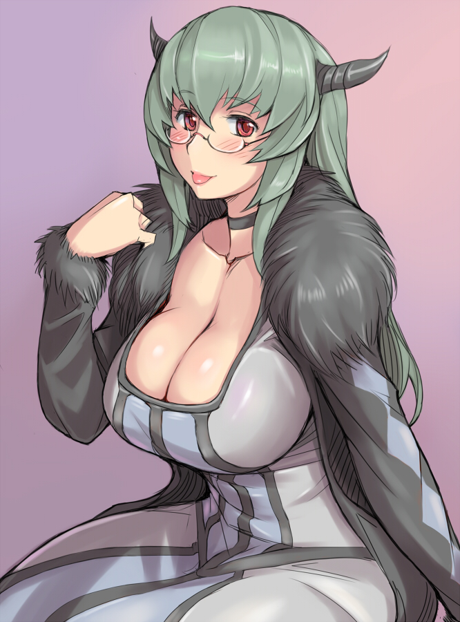 1girl, :p, adult, alternate_color, arm_support, bespectacled, blush, breasts