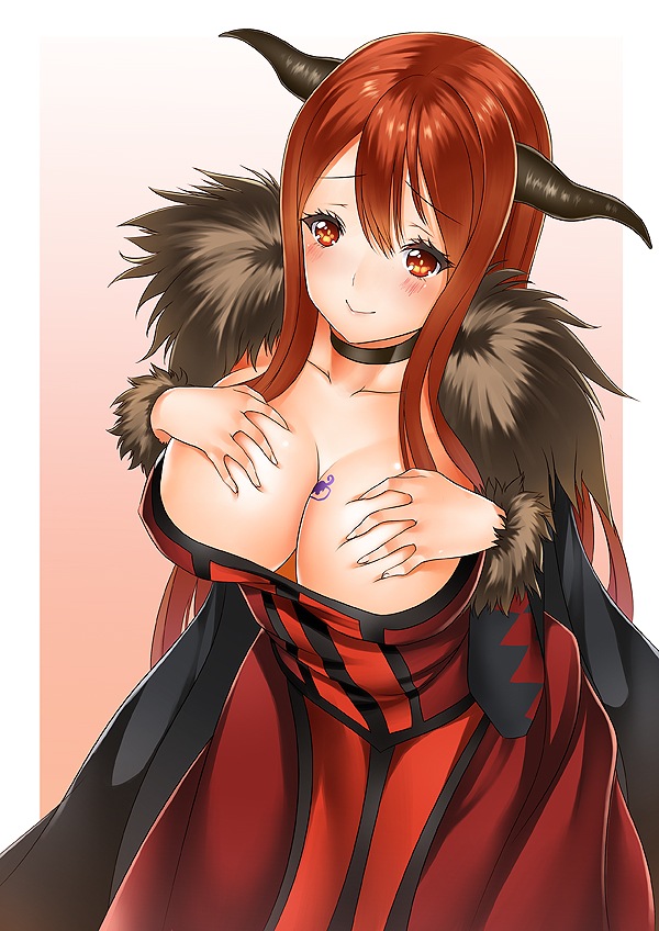 1girl, blush, breast_grab, breasts, choker, dress, fur_trim, horns, large_breasts, long_hair, maou_(maoyuu), maoyuu_maou_yuusha, red_eyes, red_hair, redhead, smile, solo, tattoo, tattooed_breast, un4lord