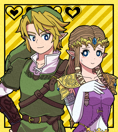 belt, blonde_hair, blue_eyes, brown_hair, earrings, gloves, hand_on_hip, hat, heart, jewelry, link, long_hair, lowres, pointy_ears, princess_zelda, rainohmok3, smile, the_legend_of_zelda, tiara, twilight_princess