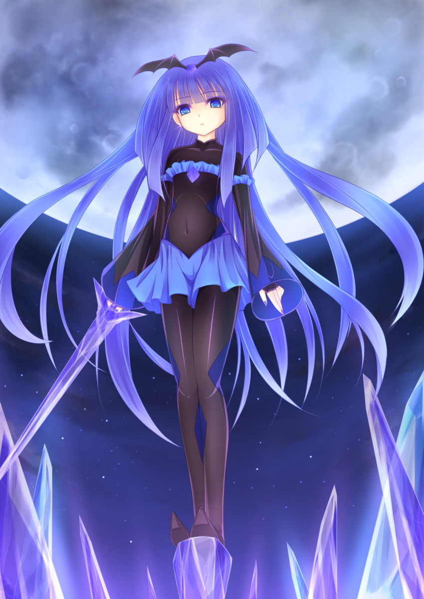 1girl, bad_end_beauty, bad_end_precure, bat_wings, blue_eyes, blue_hair, bodysuit, clothed_navel, earrings, fingerless_gloves, full_moon, gloves, highres, ice, ice_sword, jewelry, long_hair, moon, nail_polish, precure, skirt, smile_precure!, solo, sword, tiara, very_long_hair, weapon, wings, yayayoruyoru