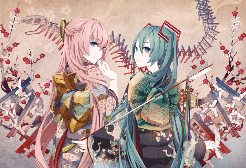 arrow, bird, blue_eyes, crane_(animal), floral_print, from_behind, green_eyes, green_hair