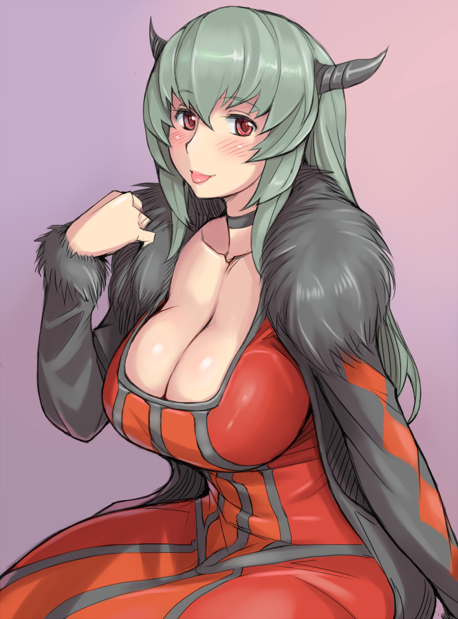 :p, adult, arm_support, blush, breasts, choker, cleavage, cosplay