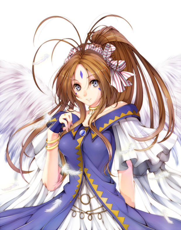 1girl, aa_megami-sama, amayofuu, bare_shoulders, belldandy, blue_eyes, bracelet, breasts
