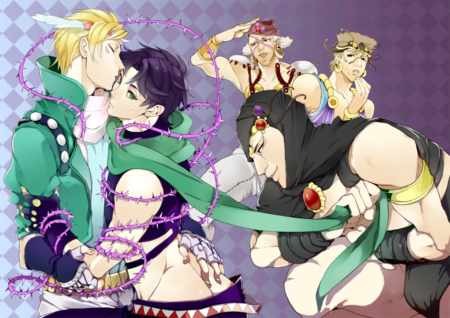 5boys, armlet, black_hair, blonde_hair, blue_eyes, butt_crack, caesar_anthonio_zeppeli, cars_(jojo)