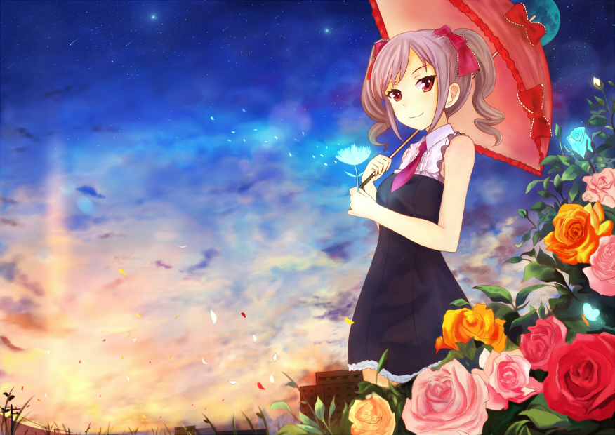 flower, hair_ribbon, idolmaster, idolmaster_cinderella_girls, kanzaki_ranko, langod, moon, necktie, petals, red_eyes, ribbon, sky, sleeveless, smile, solo, star_(sky), umbrella