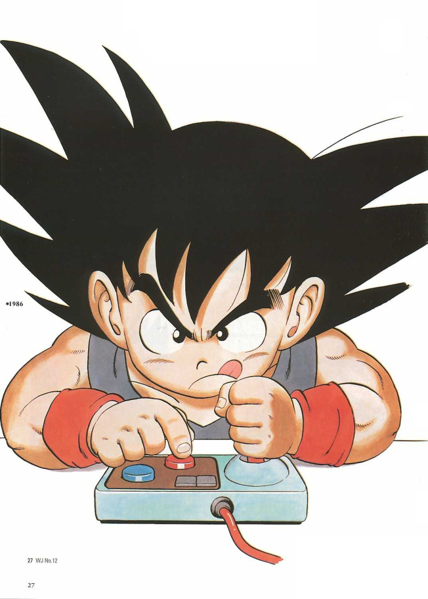 1986, 1boy, 80s, :q, black_hair, child, controller, dragon_ball, game_controller, highres, joystick, muscle, oldschool, playing_games, scan, scan_artifacts, solo, son_gokuu, spiked_hair, spiky_hair, tongue, toriyama_akira, wristband, young