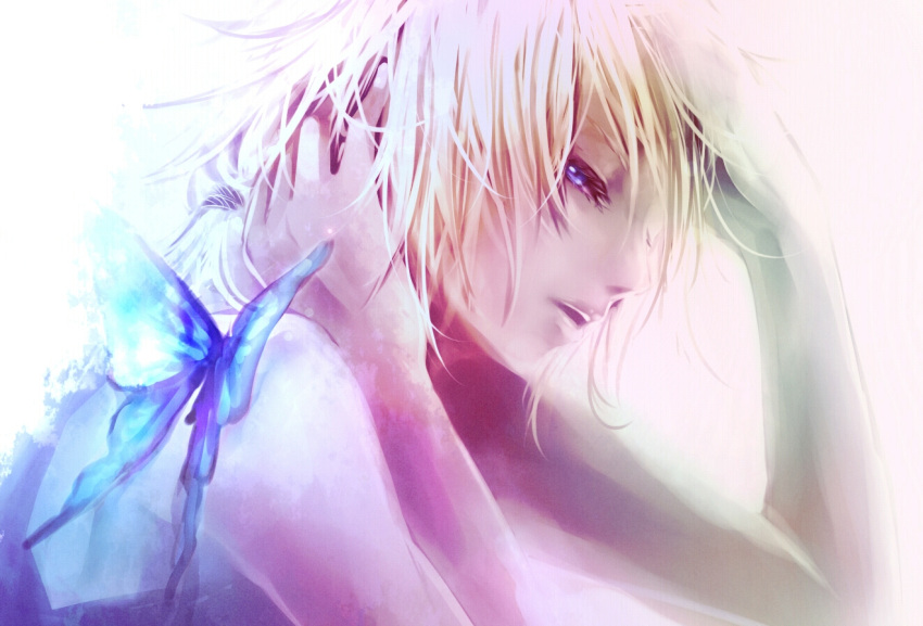 blonde_hair, butterfly, close_up, dlei, hand_on_head, kagamine_len, migikata_no_chou_(vocaloid), open_mouth
