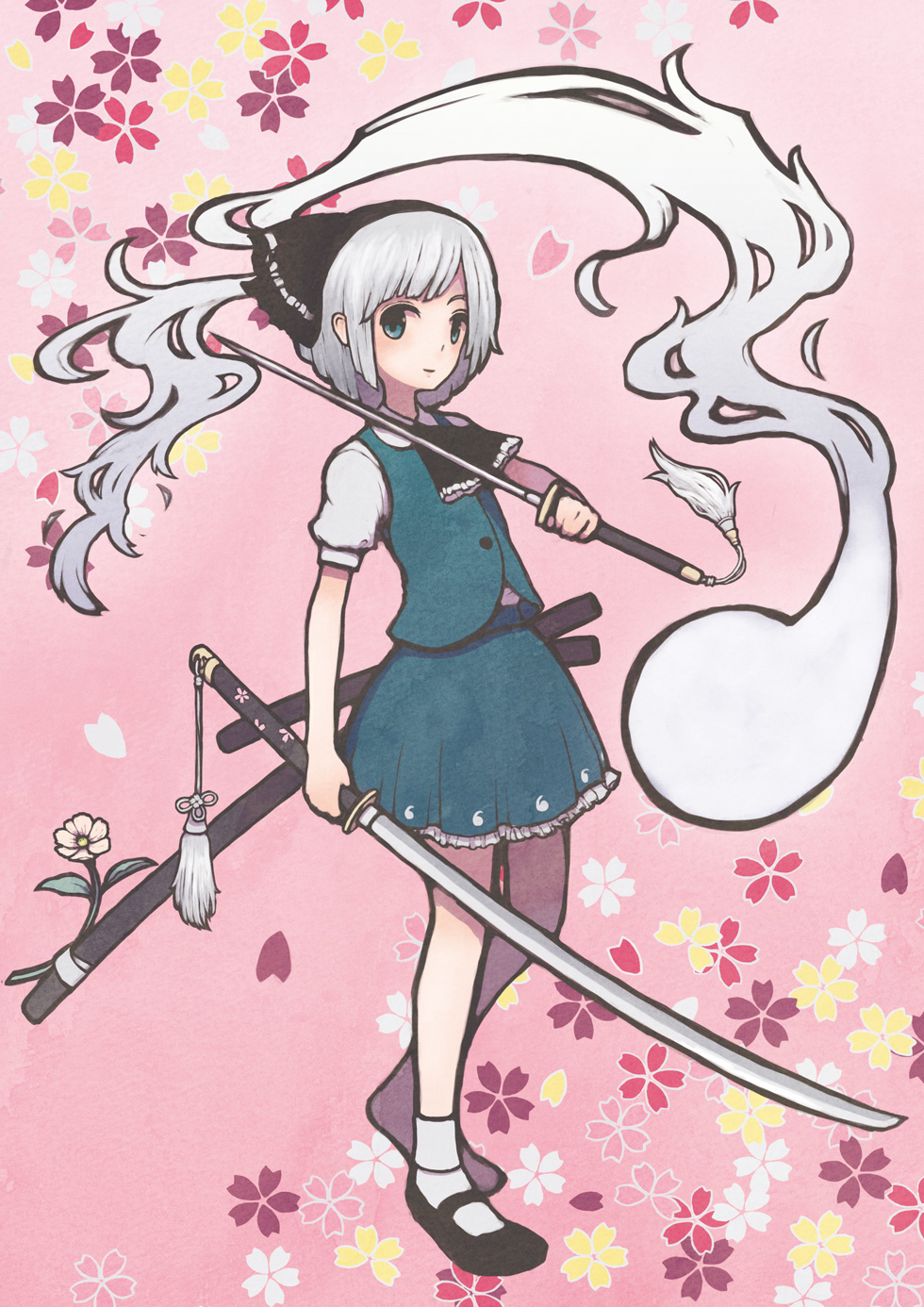 1girl, aoyagi_neko, ascot, blue_eyes, blush, cherry_blossoms, dual_wielding, hair_ribbon