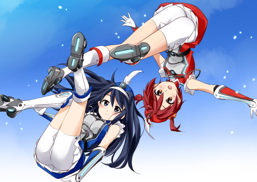 2girls, ass, black_hair, blue_eyes, brown_eyes, brown_hair, futaba_aoi_(vividred_operation), isshiki_akane, long_hair, moso_(mousou_temporary), multiple_girls, short_hair, shorts, vividred_operation
