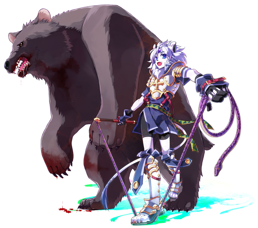 animal_ears, armor, bear, blood, blood_in_mouth, bloody_teeth, blue_eyes, claws, fang, jump_rope, kyousaku, mygrimoire, open_mouth, original, purson_(mygrimoire), sharp_teeth, smile, snake, tail