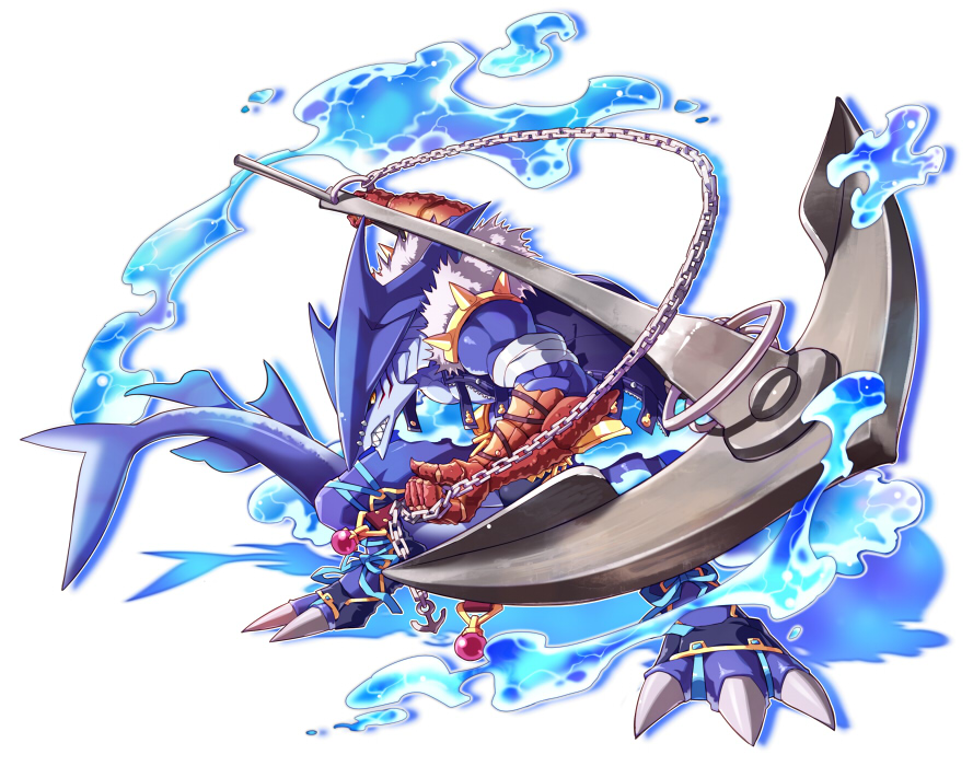 1boy, anchor, chain, forneus_(mygrimoire), kyousaku, male, monster_boy, mygrimoire, original, shark, solo, water, white_background