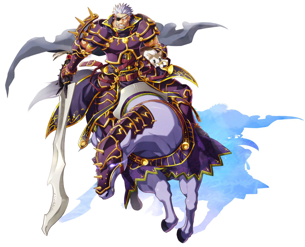 1boy, armor, beleth_(mygrimoire), cape, cat, eyepatch, glowing, glowing_eye, horse, horseback_riding, instrument, kyousaku, male, mygrimoire, original, riding, short_hair, silver_hair, sword, trumpet, weapon