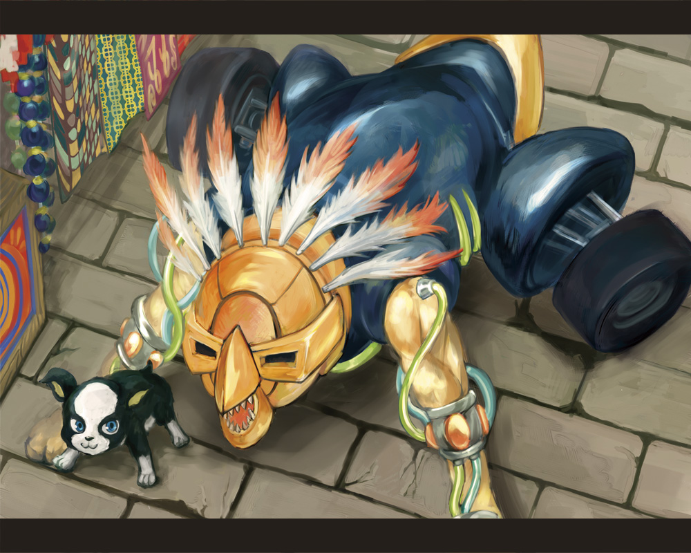 blue_eyes, boston_terrier, dog, feathers, iggy_(jojo), jojo_no_kimyou_na_bouken, no_humans, smile