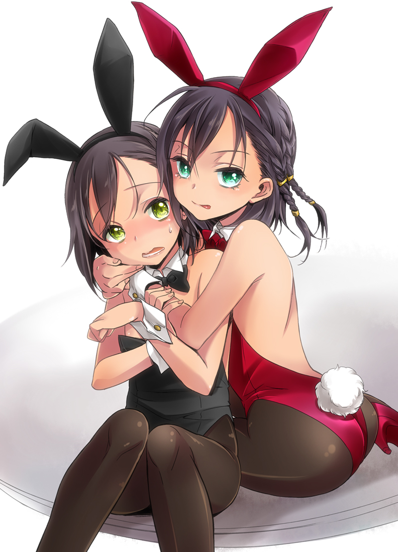 1girl, 2girls, animal_ears, bare_shoulders, black_hair, blush, bowtie, braid