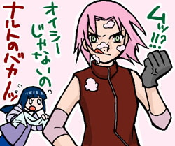 2girls, :o, :q, bangs, bare_shoulders, blunt_bangs, clenched_hand, comic, flying_sweatdrops, food, food_on_face, gloves, green_eyes, harunno_sakura, haruno_sakura, hyuuga_hinata, long_hair, lowres, multiple_girls, naruto, pink_hair, purple_hair, short_hair, sigekitti, tongue, tongue_out, towel, translation_request