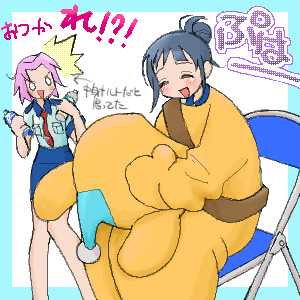 2girls, alternate_hairstyle, chair, character_request, closed_eyes, costume, eyes_closed, hair_bun