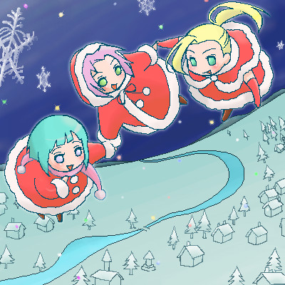 3girls, blonde_hair, blue_hair, chibi, christmas, flying, green_eyes, harunno_sakura