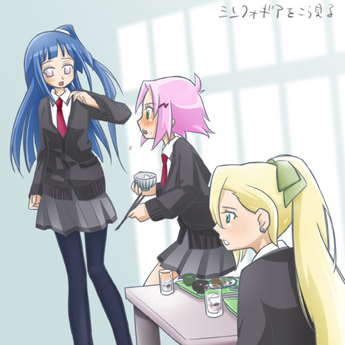 3girls, blue_hair, chopsticks, food, hair_ornament, hair_ribbon, hairclip, haruno_sakura, hyuuga_hinata, lowres, multiple_girls, naruto, necktie, pink_hair, ponytail, ribbon, side_ponytail, sigekitti, skirt, standing, sweater, translation_request, uniform, yamanaka_ino