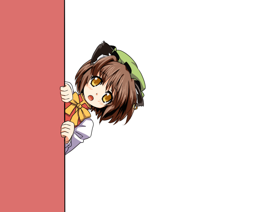 1girl, animal_ears, around_corner, bow, brown_hair, cat_ears, chen, hat