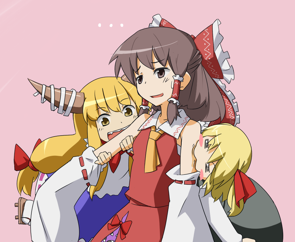 3girls, :3, =_=, bare_shoulders, blonde_hair, blush_stickers, bow, brown_eyes