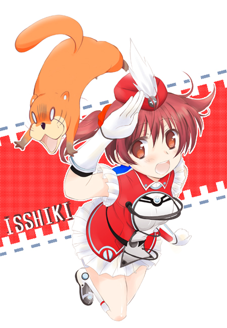 1girl, abenattou, brown_eyes, brown_hair, hat, hat_feather, isshiki_akane, open_mouth