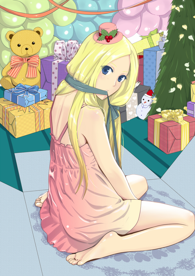 1girl, arakawa_under_the_bridge, balloon, barefoot, blonde_hair, blue_eyes, christmas_tree, commentary