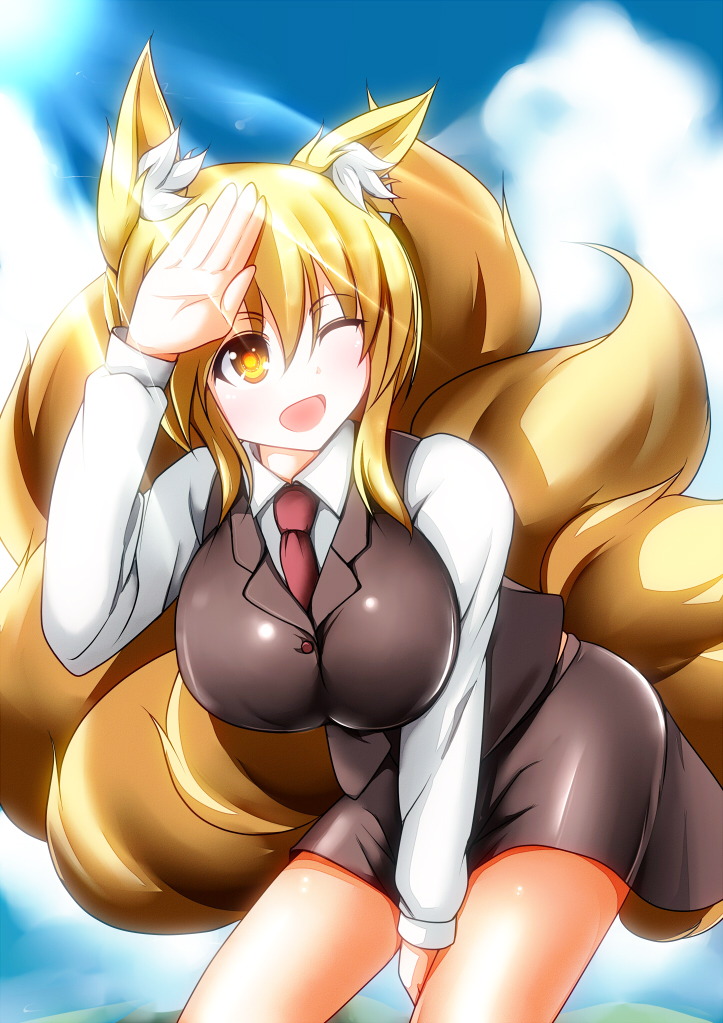 1girl, ;0, alternate_costume, animal_ears, blonde_hair, blush, breasts, fox_ears