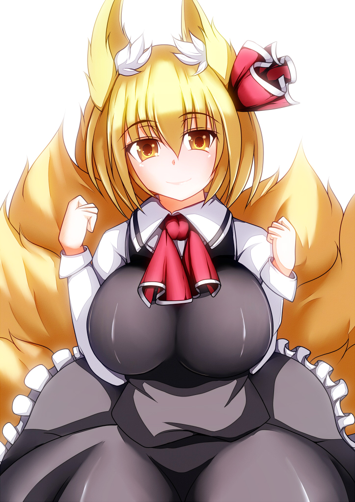 1girl, alternate_costume, animal_ears, ascot, blonde_hair, blush, breasts, fox_ears