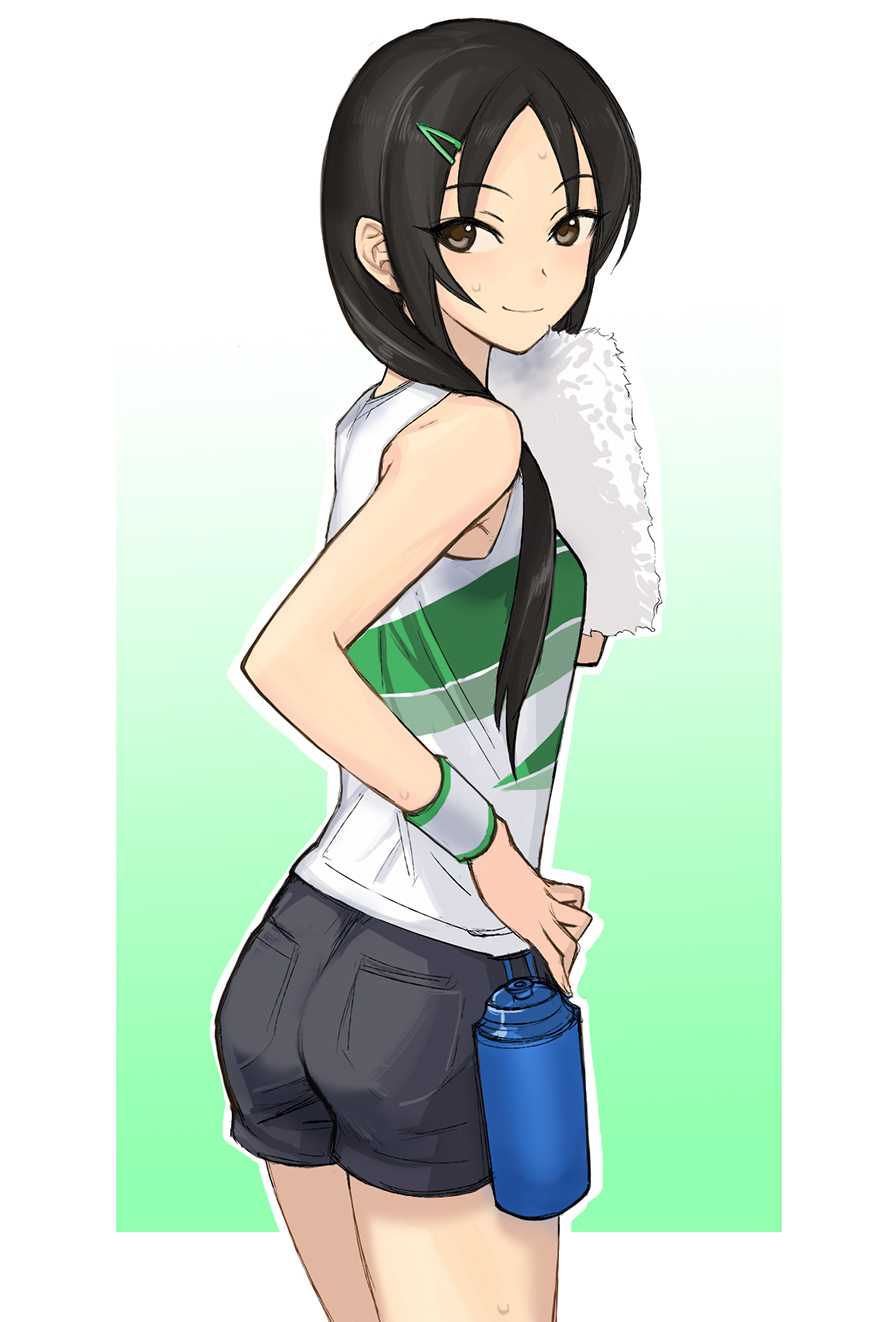 1girl, bare_shoulders, black_hair, blush, bottle, brown_eyes, hair_ornament, hairclip