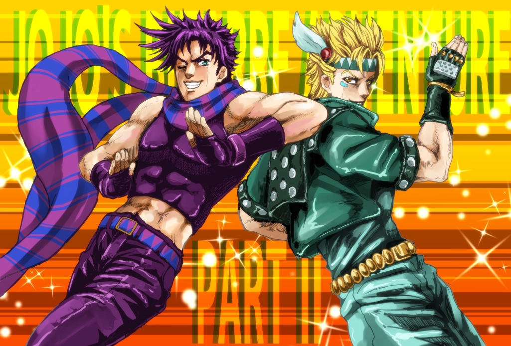2boys, bloody_stream, blue_eyes, caesar_anthonio_zeppeli, colorful, fabulous, facial_mark, fingerless_gloves
