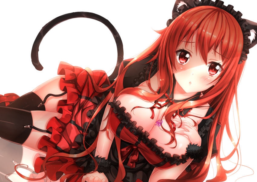 :o, animal_ears, black_legwear, breasts, cat_ears, cleavage, dress, frills, garter_straps, large_breasts, long_hair, maid_headdress, maou_(maoyuu), maoyuu_maou_yuusha, red_eyes, red_hair, redhead, solo, swordsouls, tail, tattoo, tattooed_breast, thigh-highs, thighhighs, wristband