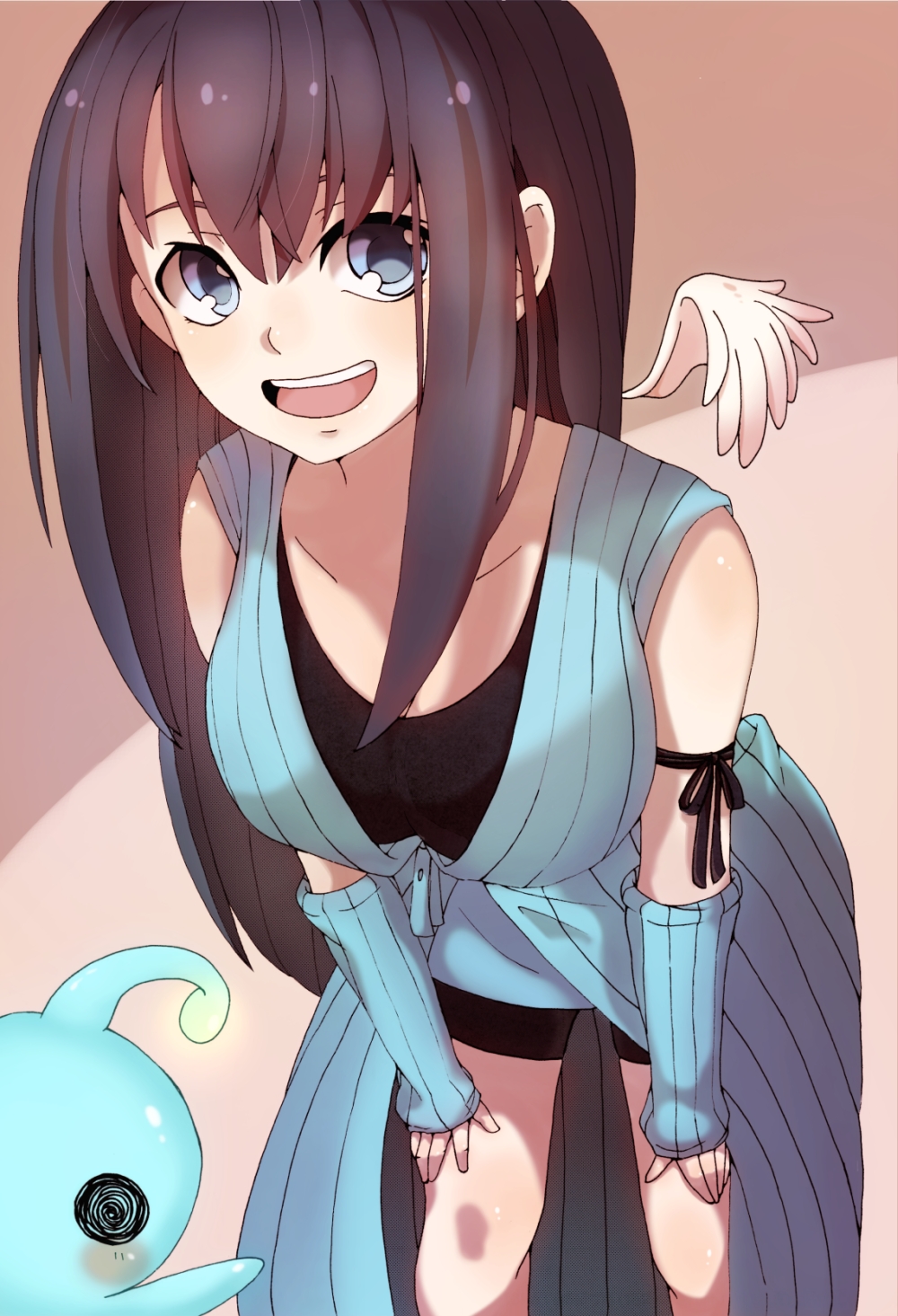 1girl, :d, alien, arm_warmers, blue_eyes, breasts, brown_hair, final_fantasy