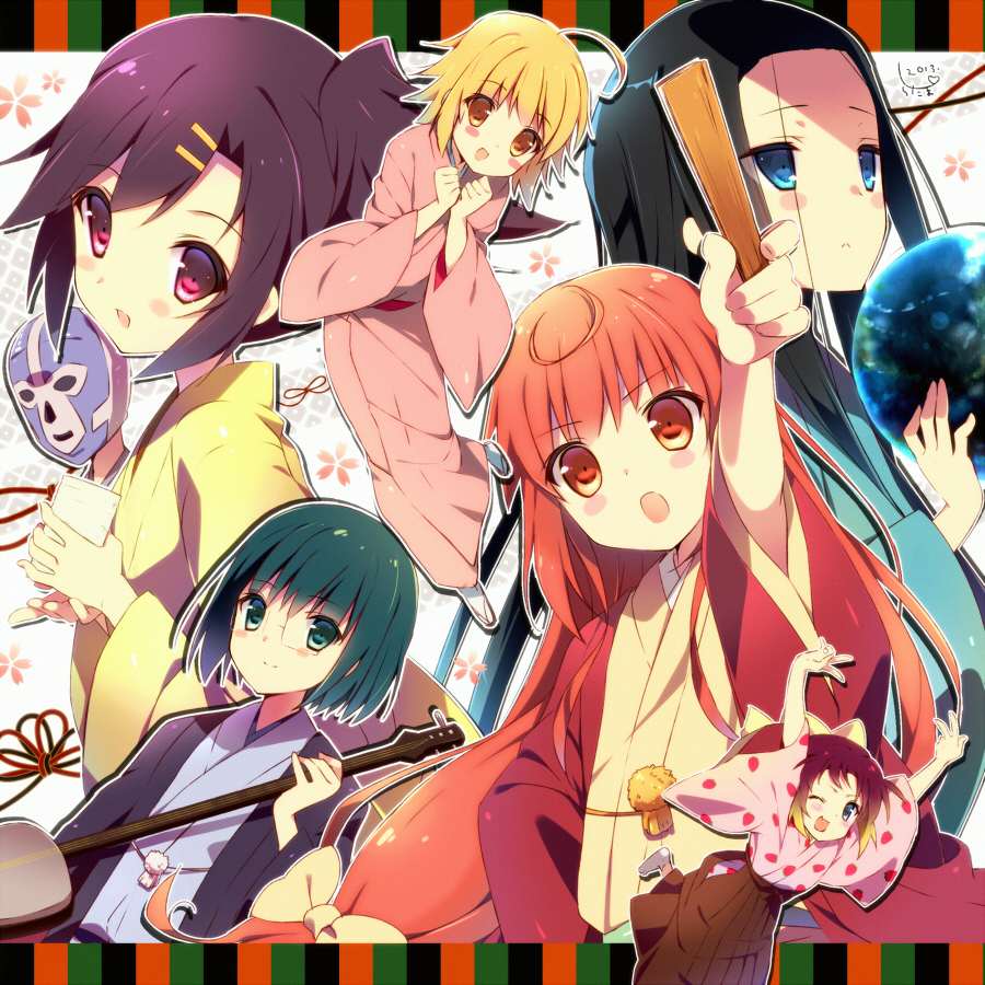 6+girls, anrakutei_kukuru, black_hair, blonde_hair, blush, bouhatei_tetora, brown_eyes, buratei_marii